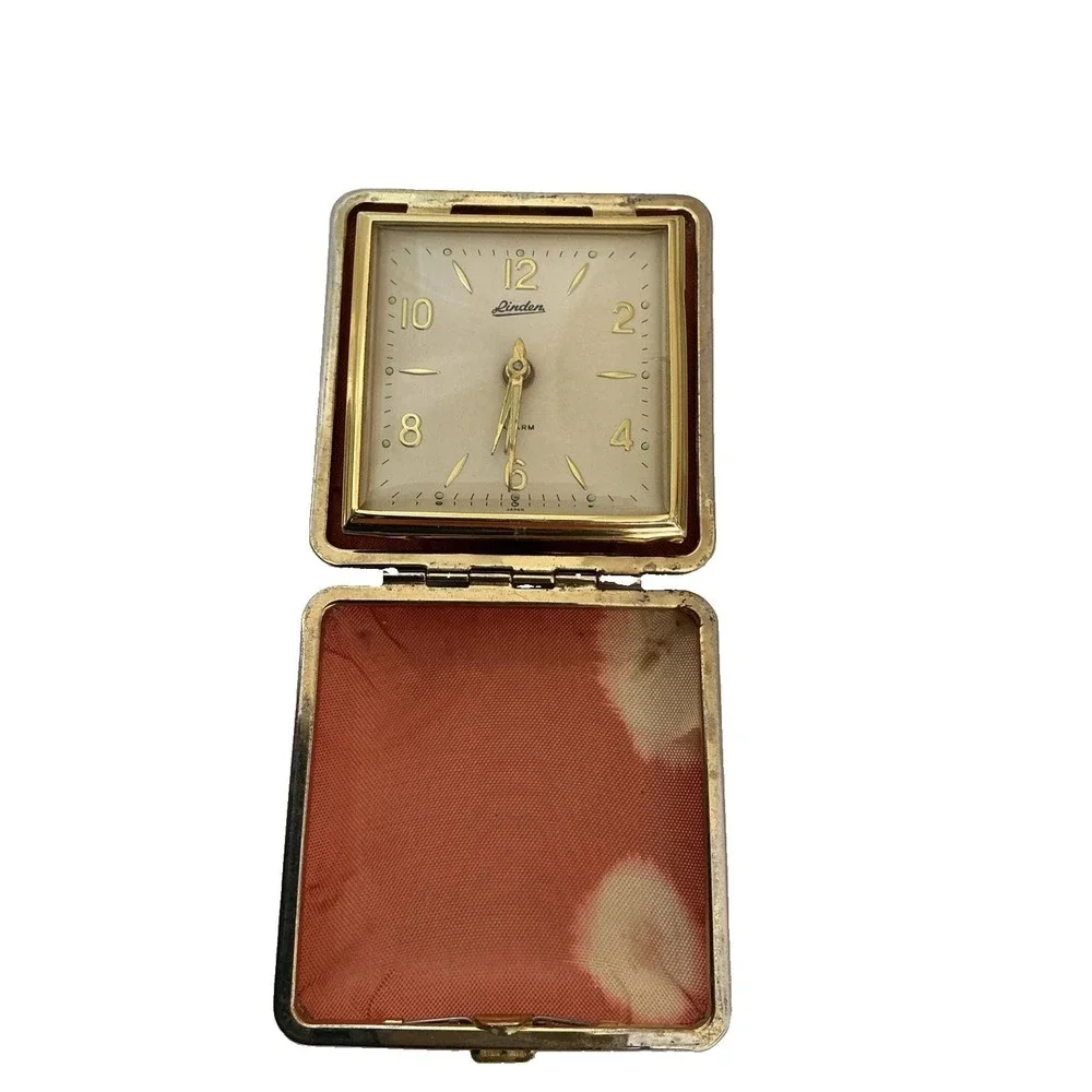 Vintage Linden Wind Up Travel Alarm Clock Brown Folding Case Working